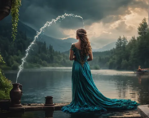 water nymph,celtic woman,girl in a long dress,fantasy picture,mermaid background,woman at the well,photoshoot with water,rusalka,girl on the river,bridal veil,enchanting,photomanipulation,mystical portrait of a girl,blue enchantress,the body of water,watery heart,magical moment,water wild,celtic harp,a fairy tale,Photography,General,Fantasy