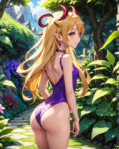 sassy, ​​skinny, cute, red skin, female demon, long golden hair, small horns, yellow eyes, small pointy breasts, small perky ass, earrings, purple leotard, goat hooves, smiling, cool posein the magic 