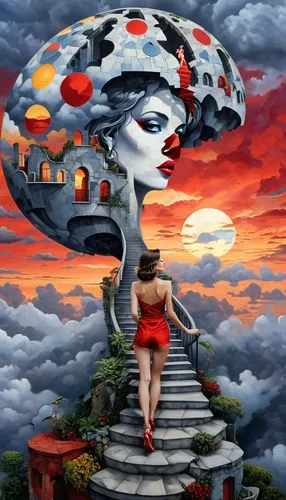 woman, sunset  in the clouds,lost city sphere in the clouds, jigsaw puzzle, mosaic fading grey colors, infinite stairway to heaven, alluring beauty lady, red lips , mural painted in the building, bird