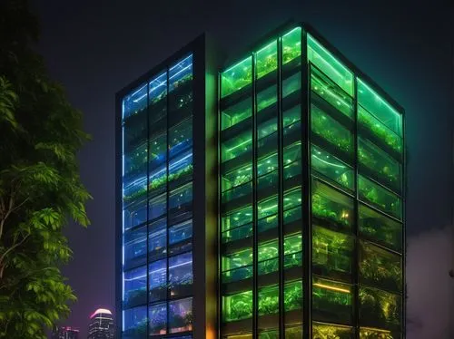 Modern skyscraper, urban cityscape, nighttime, LED lights illuminating the building's facade, sleek metallic structure, glass windows reflecting neon colors, rooftop garden with lush greenery, subtle 