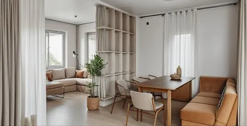 Bright interior of a living room with a dining area. Light walls, soft sofas, chairs with fabric upholstery. Parquet on the floor, light curtains on the windows. Green plant in a pot,a room with a lot