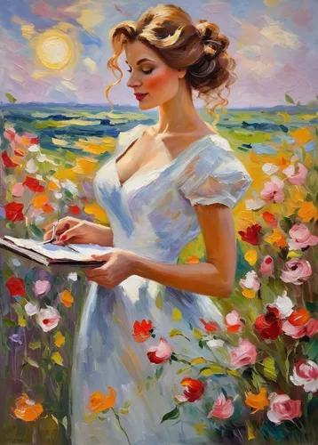 girl in flowers,girl picking flowers,girl in the garden,flower painting,beautiful girl with flowers,young woman,italian painter,romantic portrait,woman with ice-cream,woman at cafe,splendor of flowers,oil painting,holding flowers,girl at the computer,flower girl,art painting,woman playing,oil painting on canvas,painting technique,girl in a long dress,Conceptual Art,Oil color,Oil Color 22