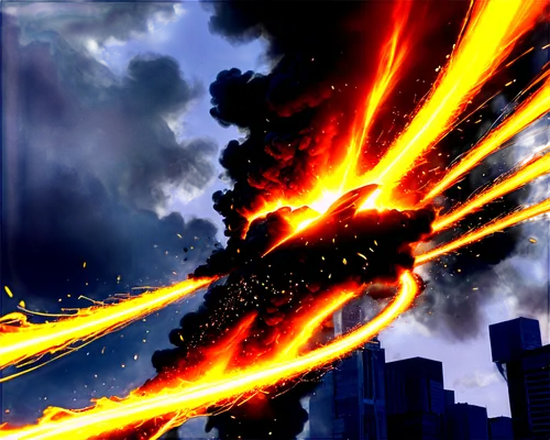 Explosion, dynamic movement, shockwave, intense flash, vibrant orange-yellow flames, smoke clouds, debris flying everywhere, sharp edges, metallic scraps, shattered glass, loud reverberation, close-up