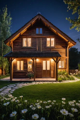 outdoors,night,light,wood house,wooden facade,clear texture,night,flower,tree,grass,,log cabin,log home,wooden house,landscape lighting,chalet,beautiful home,the cabin in the mountains,timber house,sm