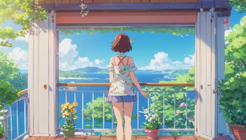 summer day,studio ghibli,summer evening,summer sky,window to the world,summer jasmine,in the summer,spring morning,bedroom window,summer,summer background,window sill,balcony,idyllic,window,green summer,summer feeling,summer season,summer bloom,windowsill,Illustration,Japanese style,Japanese Style 02