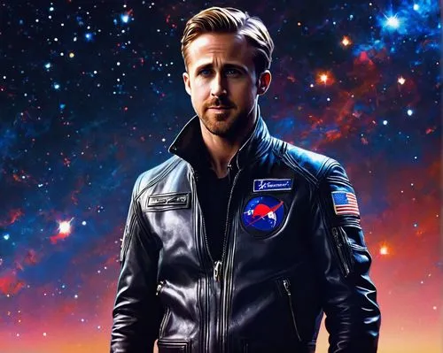 Ryan Gosling, masculine, handsome, 35yo, short brown hair, bright blue eyes, strong jawline, slight beard, white shirt, black leather jacket, dark denim jeans, brown boots, standing, starfield, galaxy