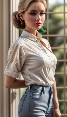 wearing a t-shirt and a blue jeans,realdoll,female doll,vintage doll,female model,fashion doll,sex doll,retro girl,retro woman,model doll,doll figure,dress doll,3d figure,cotton top,model years 1958 t