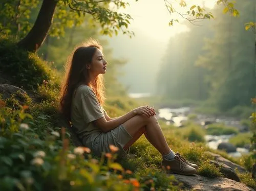 Harmonious natural integration, blending with environment, serene atmosphere, gentle breeze, soft sunlight filtering through trees, leaves rustling, character's hair and clothes flowing naturally, sub