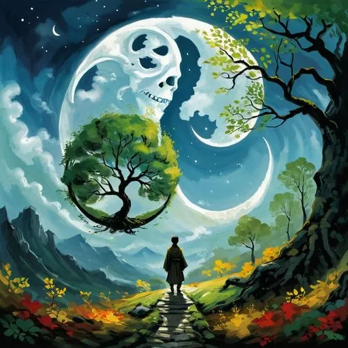 fantasy picture,the mystical path,moon and star background,moonwalked,hanging moon,herfstanemoon,Art,Artistic Painting,Artistic Painting 37