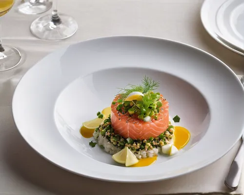 Write a description of a luxurious salmon tartar dish served at an elegant waterfront restaurant.,salmon fillet,salmon tartar,catering service bern,smoked salmon,plated food,wild salmon,fine dining re