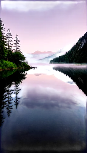 Mountain lake, serene atmosphere, still water, mirror reflection, surrounding mountains, lush green trees, misty fog, early morning, warm sunlight, panoramic view, 3/4 composition, shallow depth of fi