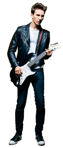 Male guitarist, rockstar, standing, backlight, dramatic pose, black leather jacket, ripped jeans, sneakers, electric guitar, strap around shoulder, fingers on fretboard, spotlight, stage smoke, dark b