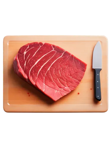 Freshly cut raw beef, juicy red flesh, marbled fat, tender texture, glistening surface, kitchen counter, stainless steel knife, chopping board, morning light, soft focus, shallow depth of field, warm 