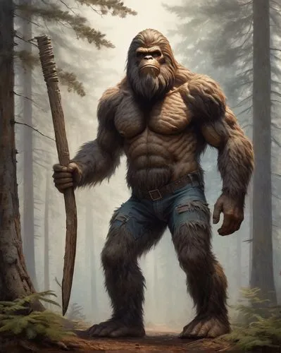 Sasquatch, Bigfoot, standing, majestic, furry, brown fur, muscular arms, strong legs, rugged clothing, torn jeans, plaid shirt, worn boots, holding pitchfork, wooden handle, rusty metal prongs, misty 