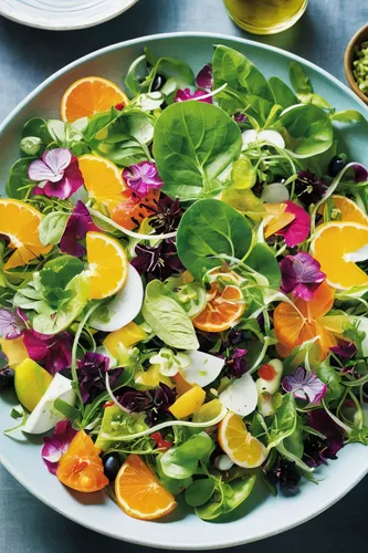 Create a recipe for a refreshing summer mixed salad with citrus dressing.,spinach salad,green salad,sea salad,cut salad,side salad,salad plate,salad niçoise,watercress,carrot salad,farmer's salad,gard