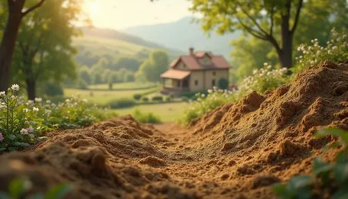 Mud material, sustainable design, natural texture, earthy tone, organic shape, rustic architecture, villa, countryside, greenery surroundings, flowers blooming, birds flying, warm sunlight, soft focus