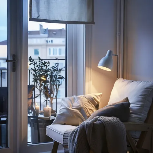 a white couch next to window with curtains,bedroom window,bedside lamp,scandinavian style,hygge,coziness,winter window