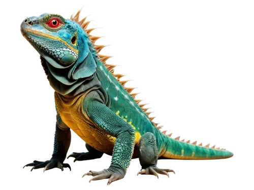 Dragon-like Iguana, green scaly skin, spiky back, powerful legs, sharp claws, fiery red eyes, golden belly, majestic posture, solo, close-up, facial expression, dynamic composition, high contrast ligh