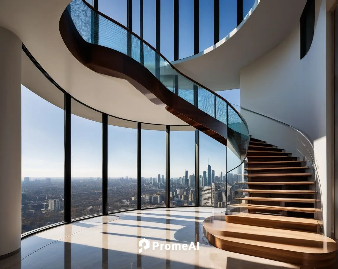 Pritzker Prize winner, modern architectural masterpiece, sleek glass façade, curved lines, futuristic design, urban skyscraper, cityscape, morning light, low-angle shot, minimalist interior, marble fl