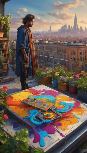 settlers of catan,playmat,colorful city,hippy market,meticulous painting,world digital painting,roof garden,street artists,roof landscape,street artist,chalk drawing,board game,fruit market,flower painting,highline,farmer's market,large market,rooftops,above the city,art academy,Photography,General,Natural