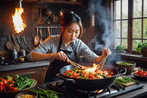 young woman, cooking, Asian cuisine, wok, stir-fry, flames, focused expression, tied-up hair, apron, kitchen background, wooden spoon, steam, fresh vegetables, shrimp, spices, dynamic action, high-ang