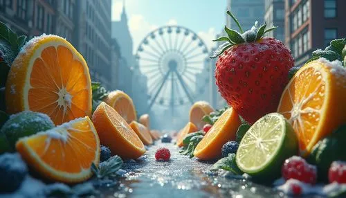 bowl of fruit in rain,fruit market,fruit stand,cinema 4d,photorealism,frustaci