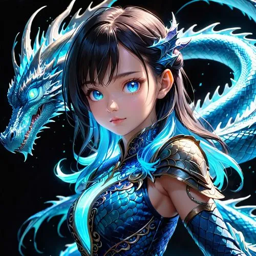 luminous bioluminescent of majestic dragon soul transform into girl artistic photography,32k , hyper detailed, ultra HDR,a close up of a girl with blue hair and a dragon on her back,yuanji,chunli,xufe