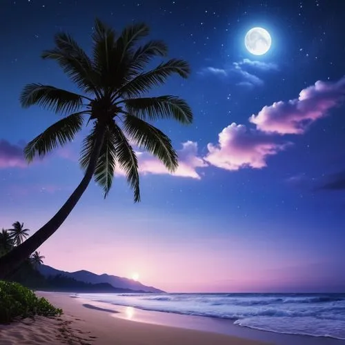 tropical beach,dream beach,beach scenery,beautiful beaches,beautiful beach,beach landscape,coconut trees,tropical sea,coconut tree,tropical house,tropical island,paradises,blue hawaii,hawaii,ocean paradise,moonlit night,moon and star background,sailing blue purple,palm tree,dark beach,Photography,General,Realistic