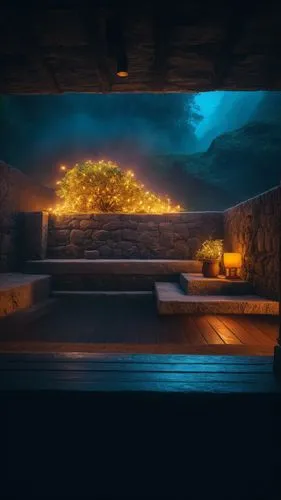 the room is lit up with yellow lights,mithraeum,3d background,viminacium,thermae,cave on the water,underwater background,Photography,General,Fantasy