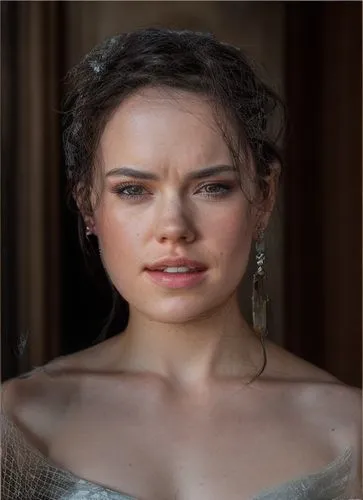 a portrait of a beautiful Daisy Ridley 25 years old black hair in a glamourous dress and a cristal earring in the ear, the city of Paris as background in 4k,daisy jazz isobel ridley,hollywood actress,