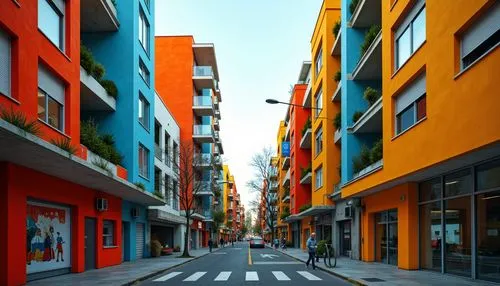 Vibrant modernist buildings, bold color blocking, primary color palette, geometric shapes, industrial materials, functional design, minimalist aesthetics, urban cityscape, brutalist structures, raw co