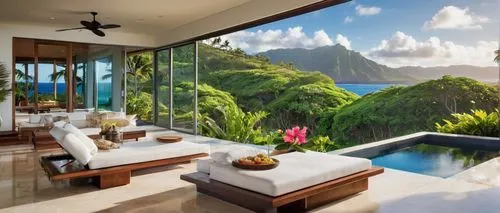 Modern architectural design group, Portlock Hawaii, luxurious villa, oceanview, tropical landscape, palm trees, hibiscus flowers, white marble floors, floor-to-ceiling windows, sliding glass doors, mi