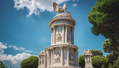 Ancient Greek-inspired monument, grandiose structure, ornate columns, intricately carved marble, majestic stone statue, pedestal with inscriptions, fountain surrounded, lush greenery, blooming flowers