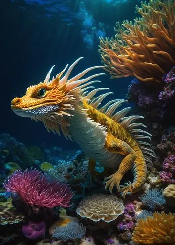 dragonet,sea life underwater,marine animal,sea animal,sarcopterygian,eastern water dragon,Illustration,Realistic Fantasy,Realistic Fantasy 08