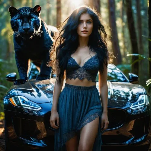 Full Body Frame, double exposure,beautiful 20 year old woman, long messy black hair, blue eyes, H-Cup. Super detailed photography, Play of light in the sun, standing beside a black Jaguar in the fores