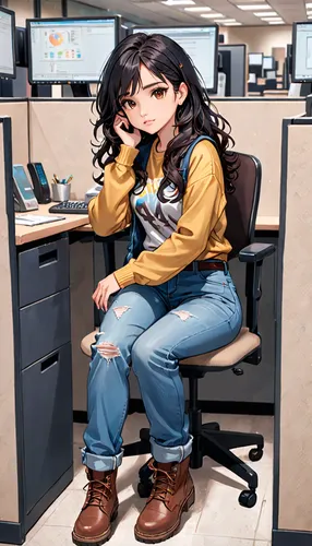 Young Latina, wavy black hair, with brown eyes, aesthetic clothing style whit jeans and brown boots, Sitting in her cubicle in the call center answering calls,office worker,stressed woman,girl at the 