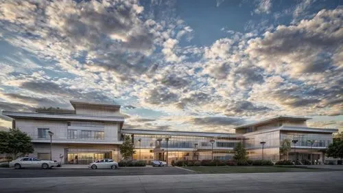 create a realistic render of a hospital  with a realistic sky background with trees gendrate trees in the background of the building 
,an office building in an open lot,cupertino,ucsd,llnl,csusb,milpi