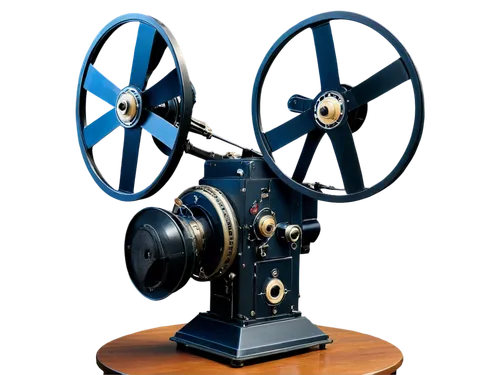 Old movie projector, vintage style, metal body, reel-to-reel film, bright lens, warm light, cinematic sound effects, loudspeaker, retro ambiance, 3/4 composition, shallow depth of field, soft focus, n