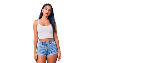 Sexy Latina girl, standing pose, curvy figure, dark skin, long black hair, bold red lips, heavy mascara, golden hoop earrings, white tank top, low-rise denim shorts, high heels, confident expression, 