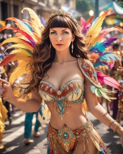 realistic rich colors, very beautiful charming woman in a beautiful, beautiful expressive eyes, ,caribana,brazil carnival,guelaguetza,amazona,samba deluxe,luzia,hula,samba,asian costume,esmeralda,mara