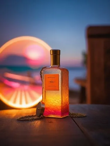 The sky is painted with hues of orange and pink as the sun begins to set over the tranquil waters of the Mediterranean Sea. Beneath the water, a wooden table is adorned with a decorative wooden table,