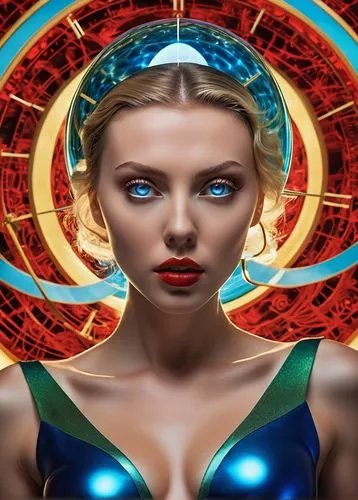 in the depths of a geocentric galatia, a vivid image unfolds, representing the beauty of Scarlett Johansson riding a byke. Her eyes are filled with an otherworldly wisdom, and she's surrounded by flas