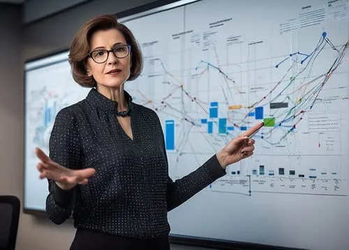 Data analytics expert, mature lady, short hair, glasses, formal attire, standing in front of a large screen displaying complex data visualizations, hands gesturing while explaining, whiteboard markers