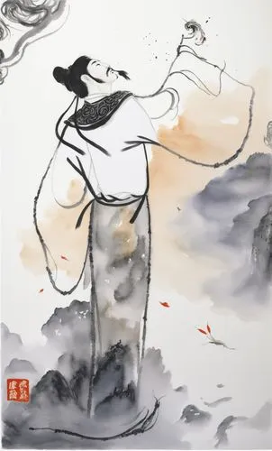 Li Bai, an ancient Chinese poet, 
 ink and wash, Li Bai stands by the lakeside, Painted by Qi Baishi, Chinese brush painting, in the style of black and white,a painting with an asian style painting on