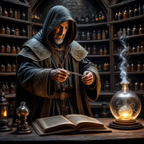 male alchemist semi-translucent with mild inner glow,apothecary,candlemaker,alchemy,fortune teller,shopkeeper,divination,magic book,fortune telling,potions,watchmaker,magic grimoire,the abbot of olib,