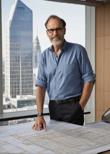 Male architect, Alan Jefferis, 40s, beard, glasses, blue shirt, rolled-up sleeves, black trousers, black shoes, holding pencil, standing, in front of a drafting table, large blueprint, ruler, protract