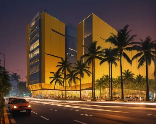 Kochi cityscape, modern architecture, sleek skyscraper, glass façade, steel frame, intricate details, nighttime, city lights, bustling streets, tropical plants, palm trees, warm yellow lighting, 3/4 c