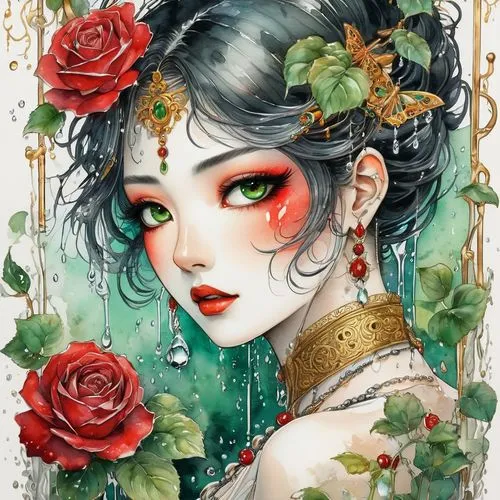 geisha,fantasy portrait,geisha girl,flora,masquerade,rosa ' amber cover,rose flower illustration,winter rose,oriental princess,porcelain rose,jasmine blossom,camellia,thorns,rose bloom,poison ivy,fallen petals,rosa 'the fairy,blooming roses,ivy,widow flower,Illustration,Paper based,Paper Based 25