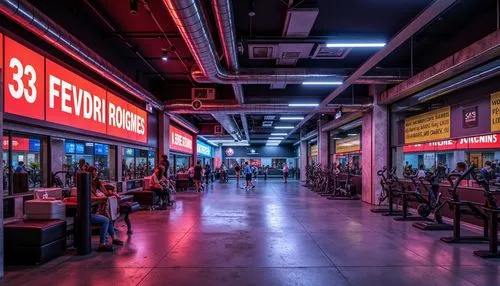 Industrial-chic fitness club, exposed ductwork, polished concrete floors, metallic accents, neon-lit signage, dynamic LED lighting, mirrored walls, sleek equipment stations, free weights area, cardio 