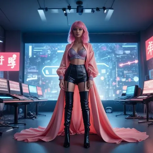 An AI female influencer in a cutting-edge music studio, surrounded by advanced sound equipment and holographic music notes floating around her. She’s composing a new track, with her followers watching